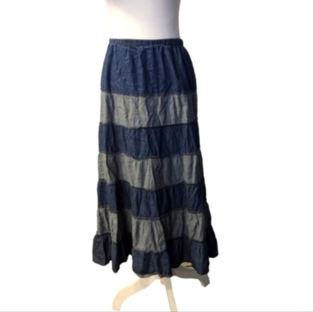 Denim Blue Layered Slip On Midi Skirt 100% Cotton